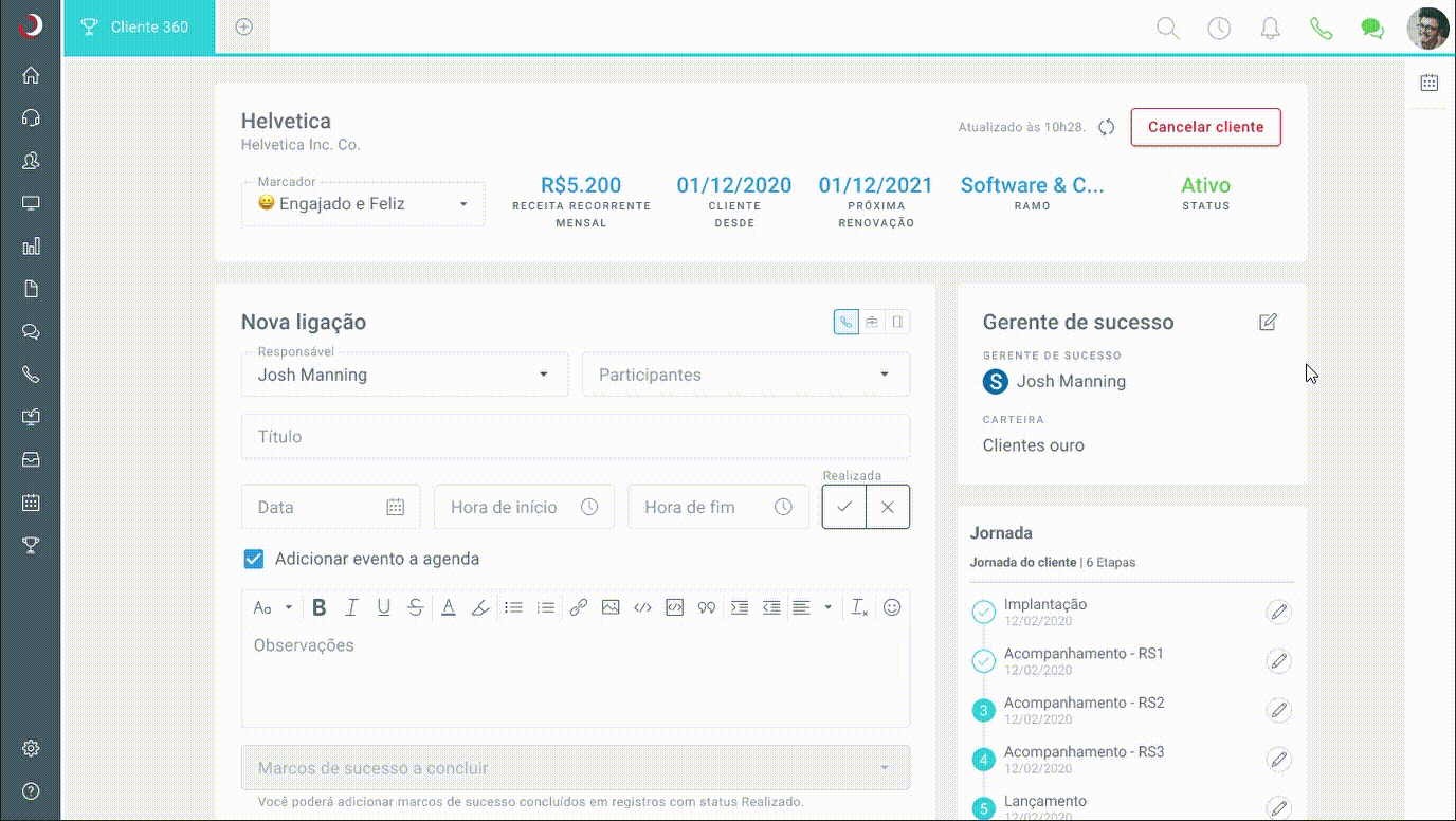 Funcionalidade Cliente 360º do módulo Success do Movidesk